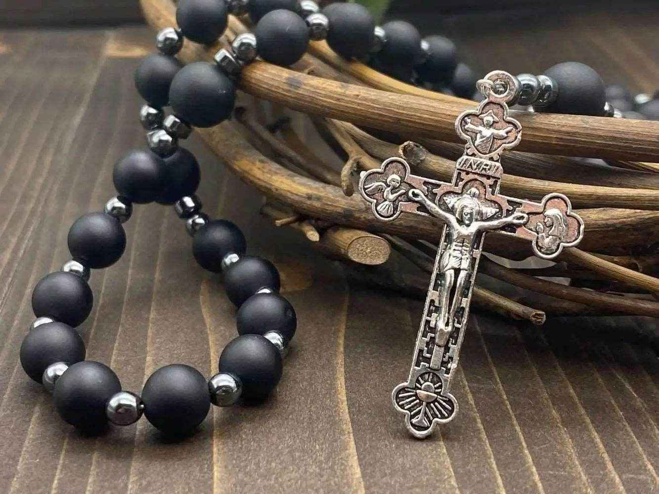 Black Agate Matte Rosary Necklace with Holy Soil Medal & Cross Crucifix Catholic Hematite Stones Prayer Beads - Nazareth Store