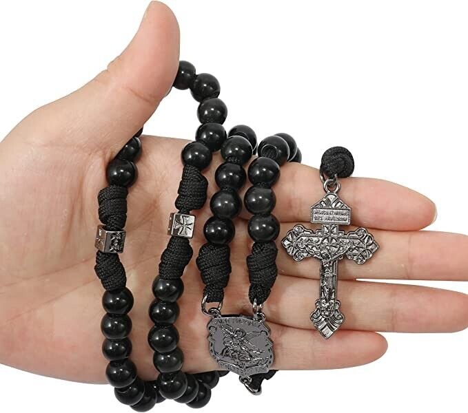 Black Agate Rosary Beads Paracord Set St. Michael Necklace & St. Benedict 22" Nazareth Store