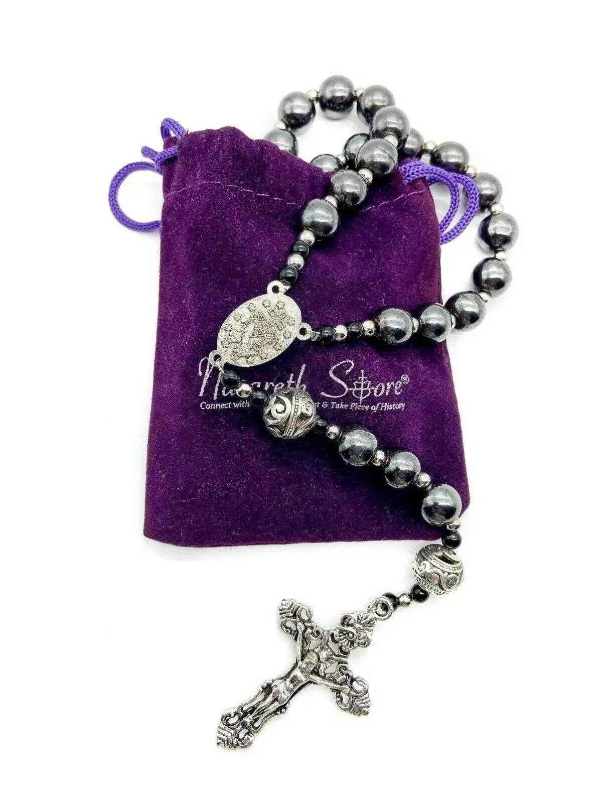 Hematite Black Stone Rosary Necklace Metal Beads with Miraculous Medal & Cross Crucifix - Nazareth Store