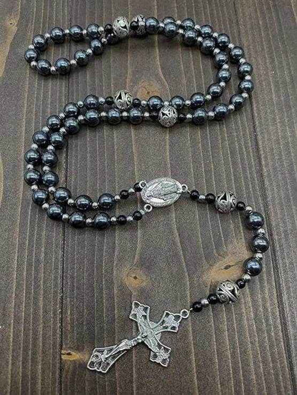 Hematite Black Stone 8mm Rosary Necklace with Miraculous Medal & Cross Crucifix - Nazareth Store