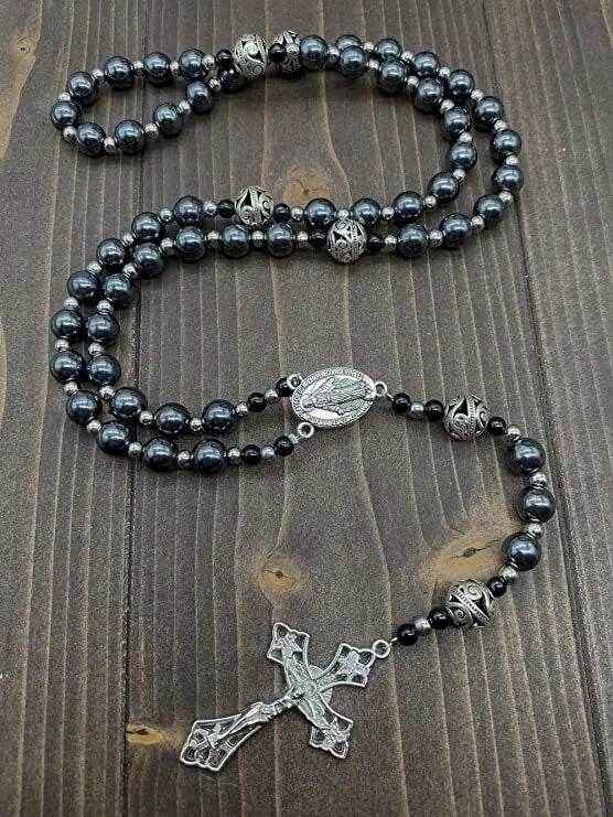 Hematite Black Stone 8mm Rosary Necklace with Miraculous Medal & Cross Crucifix - Nazareth Store