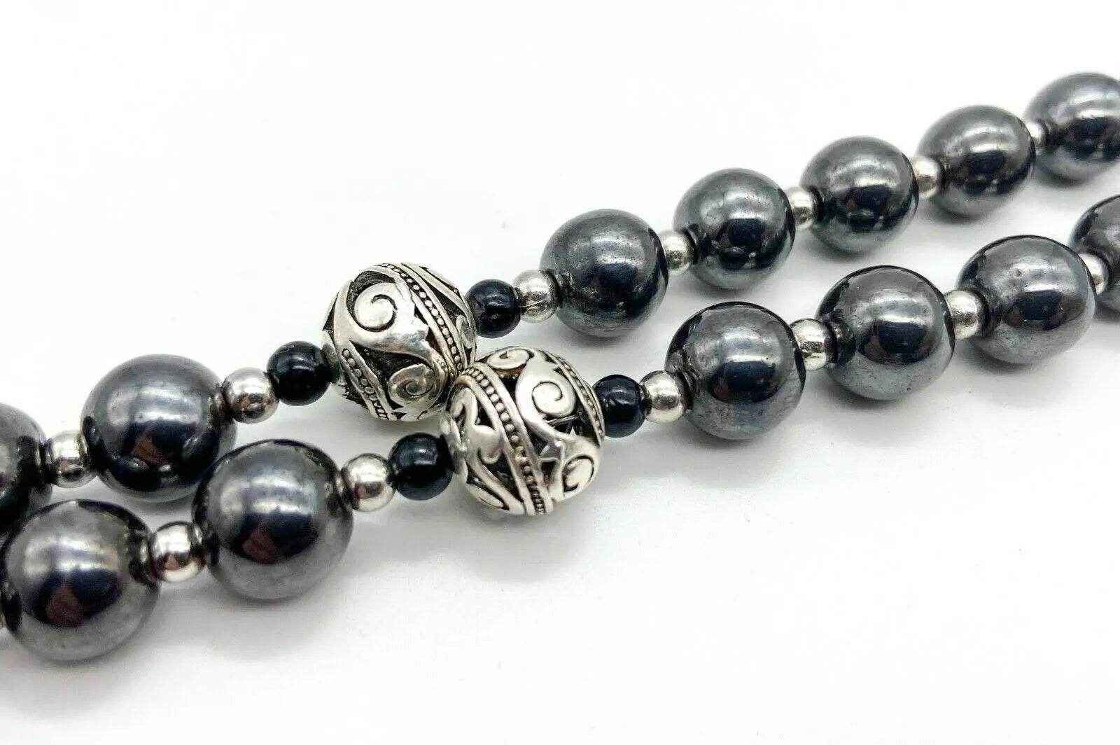 Hematite Black Stone Rosary Necklace Metal Beads with Miraculous Medal & Cross Crucifix - Nazareth Store
