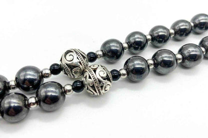 Hematite Black Stone Rosary Necklace Metal Beads with Miraculous Medal & Cross Crucifix - Nazareth Store