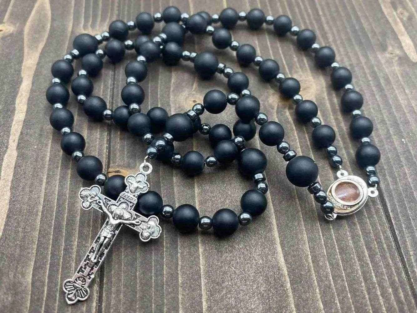 Black Agate Matte Rosary Necklace with Holy Soil Medal & Cross Crucifix Catholic Hematite Stones Prayer Beads - Nazareth Store