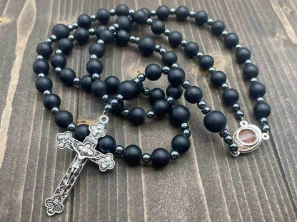 Black Agate Matte Rosary Necklace with Holy Soil Medal & Cross Crucifix Catholic Hematite Stones Prayer Beads - Nazareth Store