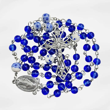 Blue Glass Rosary White Flowers Beads Catholic Chaplet Miraculous Medal & Cross