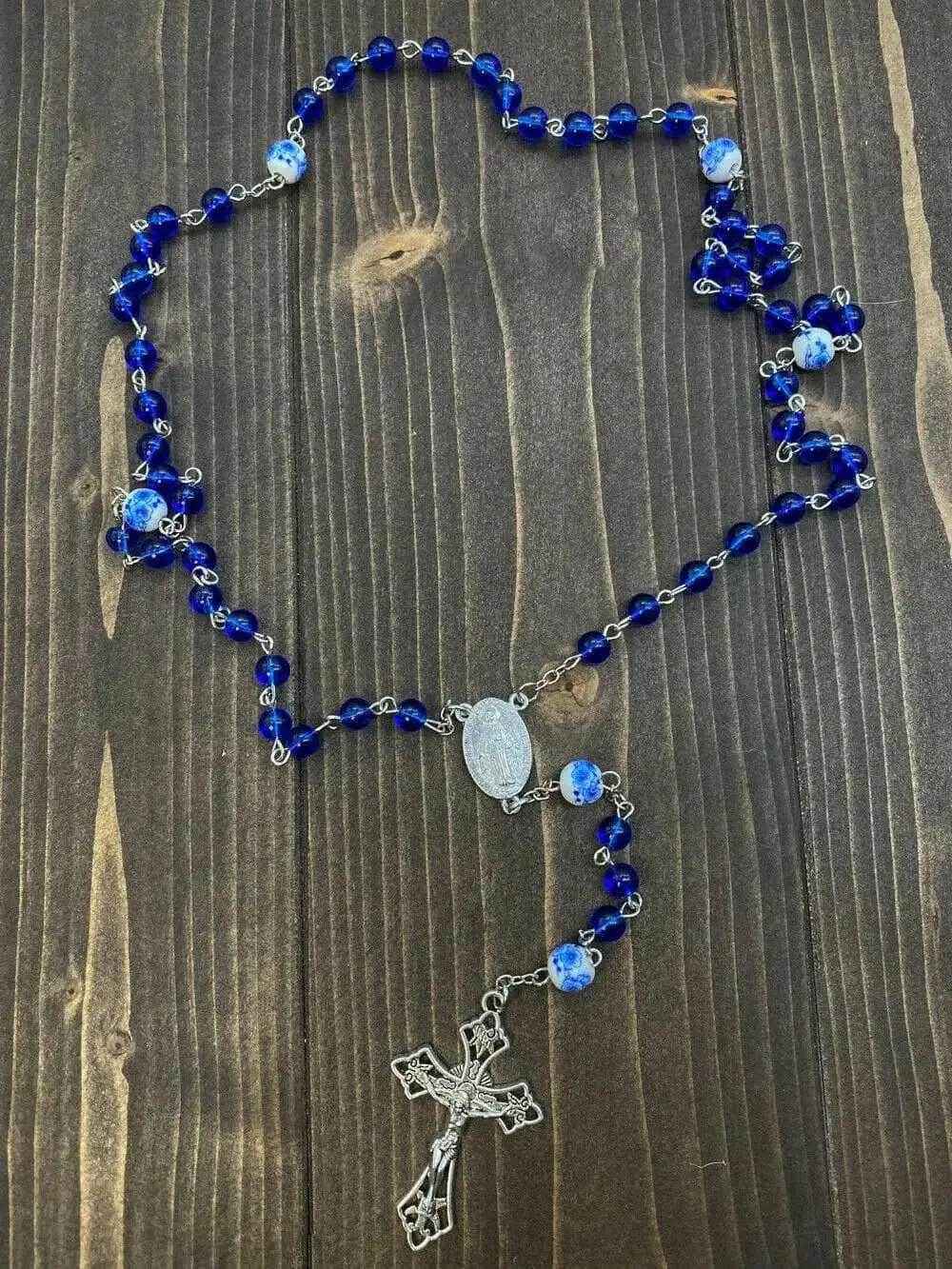 Blue Glass Rosary White Flowers Beads Catholic Miraculous Medal & Cross
