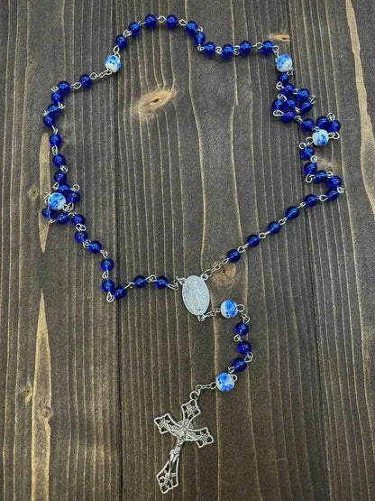 Blue Glass Catholic Rosary White Flowers Beads with Miraculous Medal & Cross - Nazareth Store
