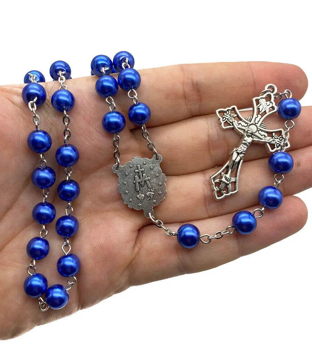 Blue pearl beads rosary necklace catholic miraculous medal crucifix
