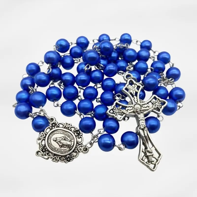 Blue Pearl Beads Rosary Necklace Catholic Miraculous Medal & Cross Crucifix