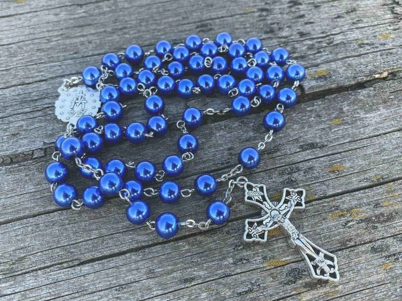 Blue Pearl Beads Rosary Necklace Catholic Miraculous Medal & Cross
