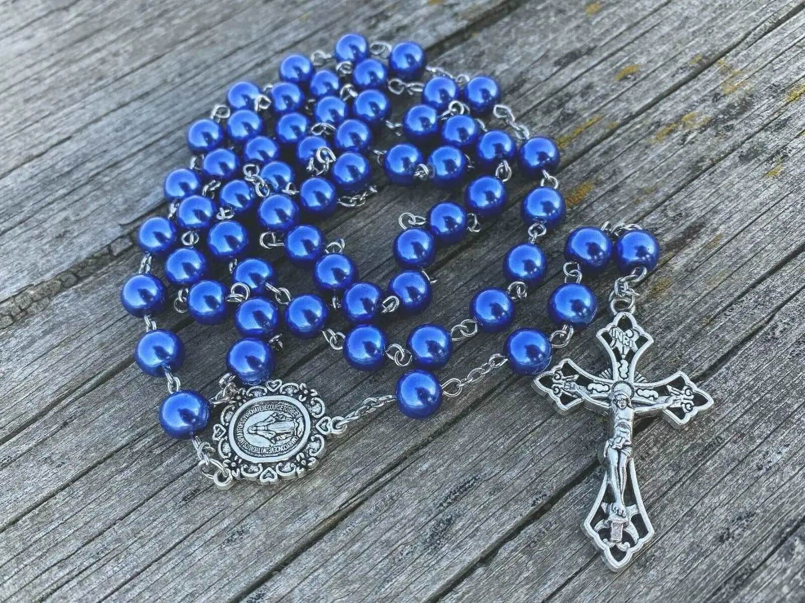 Blue pearl beads rosary necklace catholic miraculous medal crucifix
