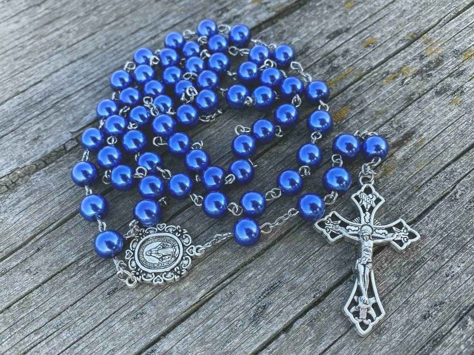 Blue Pearl Beads Rosary Necklace Catholic Miraculous Medal & Cross