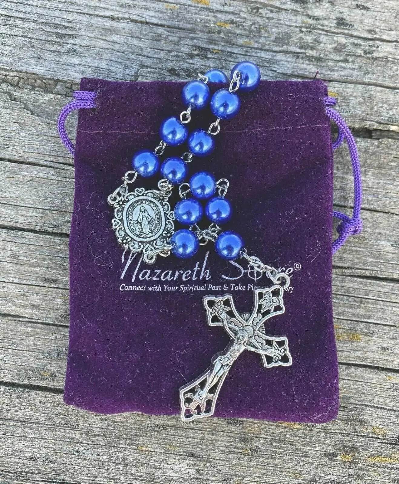 Blue pearl beads rosary necklace catholic miraculous medal crucifix