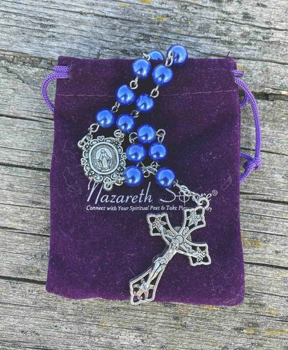 Blue Pearl Beads Rosary Necklace Catholic Miraculous Medal & Cross - Nazareth Store