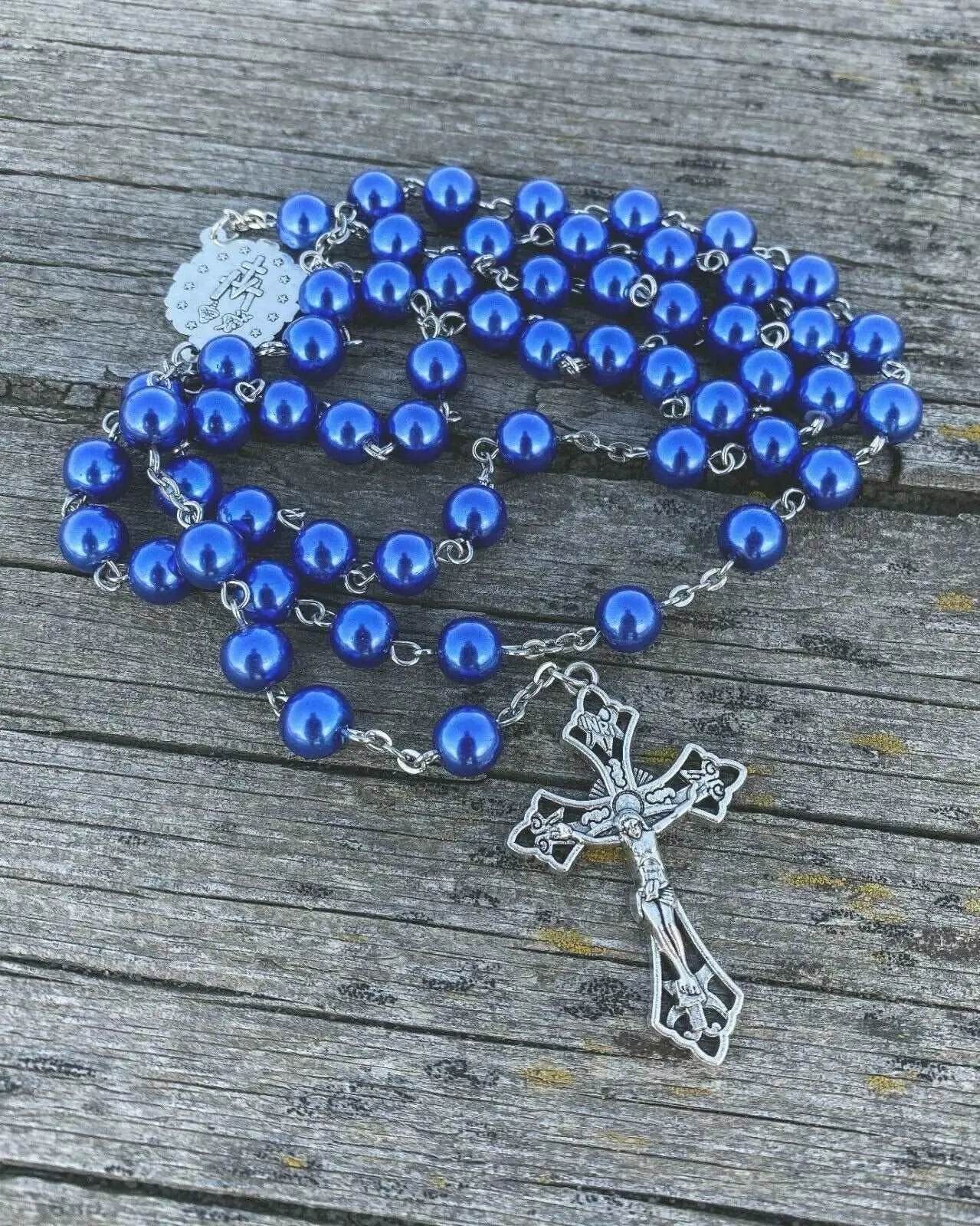 Blue pearl beads rosary necklace catholic miraculous medal crucifix