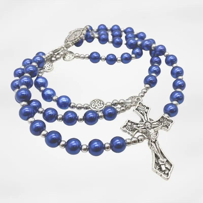 Blue Pearl Beads Wired Rosary Necklace Miraculous Medal & Cross Crucifix Nazareth Store