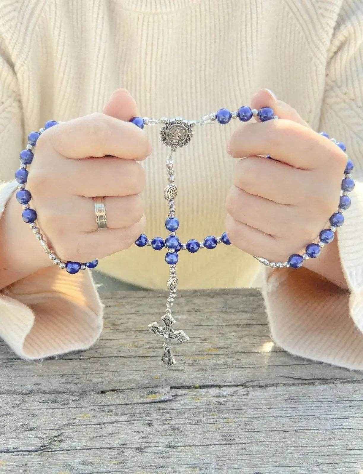 Blue Pearl Beads Wired Rosary Necklace Miraculous Medal & Cross Crucifix