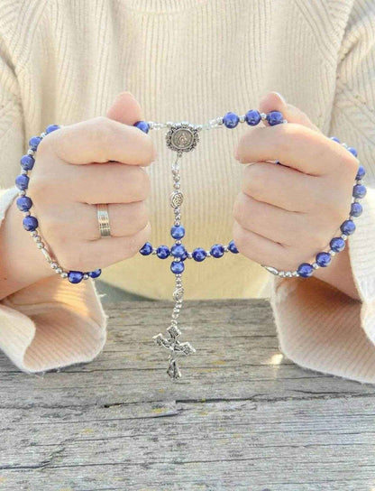 Blue Pearl Beads Wired Rosary Necklace Miraculous Medal & Cross Crucifix