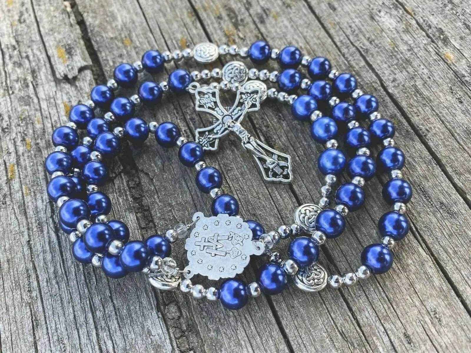 Blue Pearl Beads Wired Rosary Necklace Miraculous Medal & Cross Crucifix