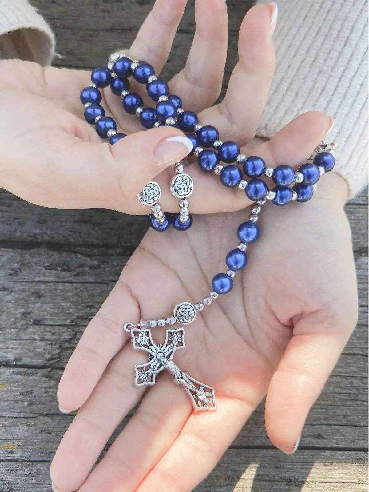 Blue Pearl Beads Wired Rosary Necklace Miraculous Medal & Cross Crucifix
