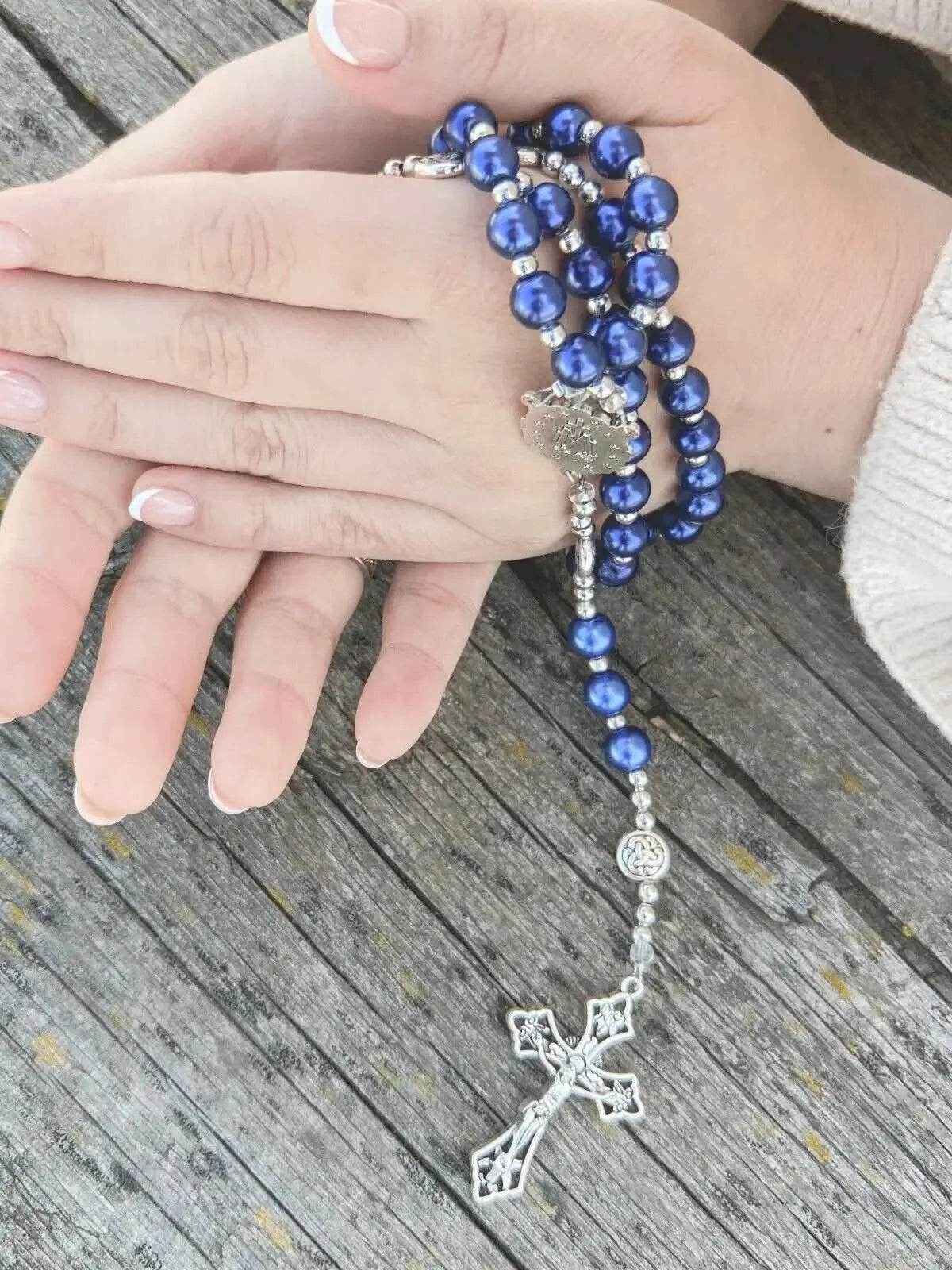 Blue Pearl Beads Wired Rosary Necklace Miraculous Medal & Cross Crucifix