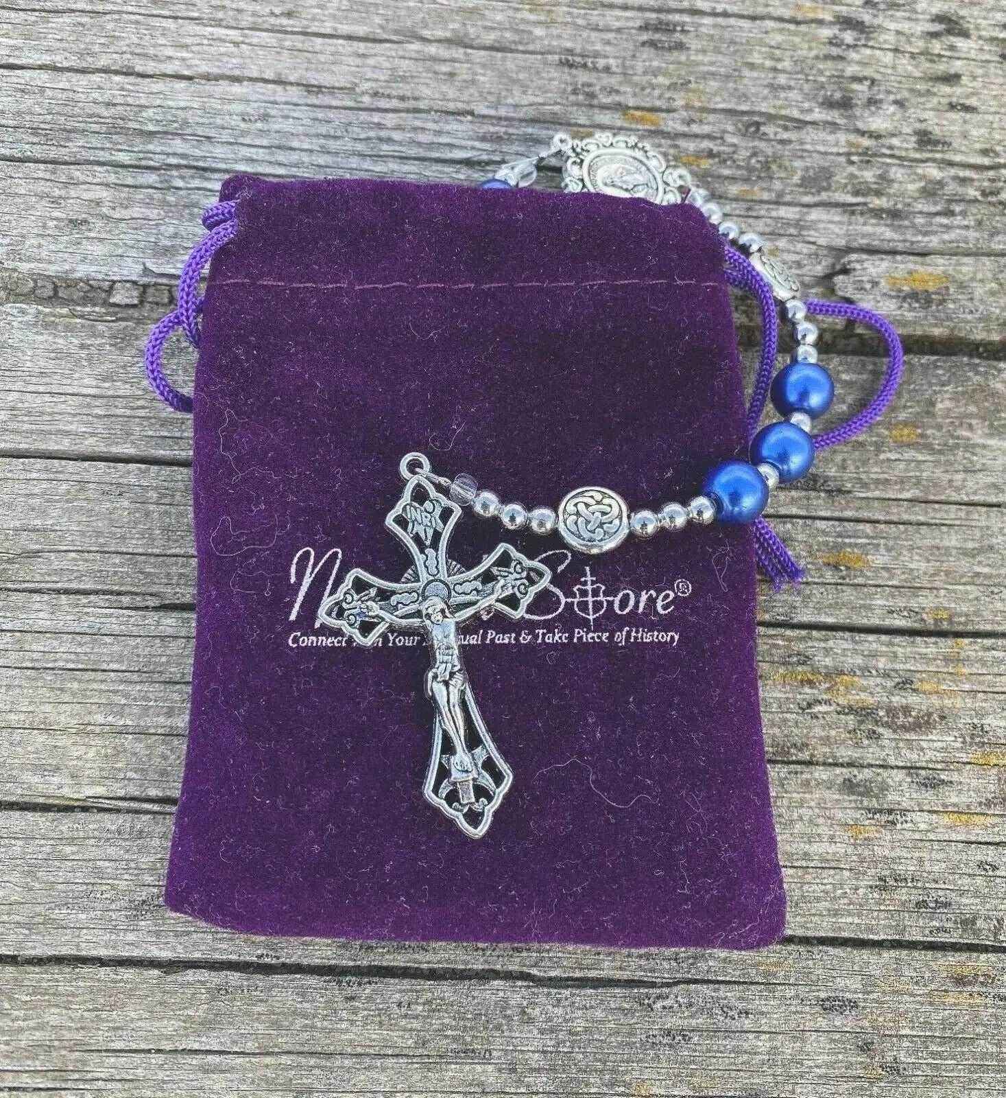 Blue Pearl Beads Wired Rosary Necklace Miraculous Medal & Cross Crucifix