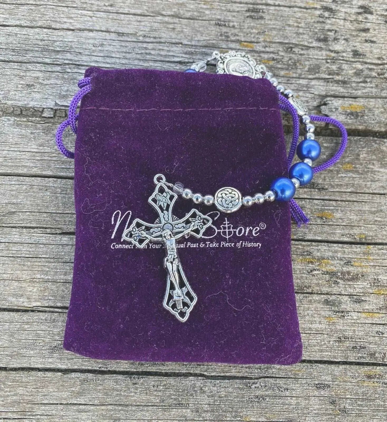 Blue Pearl Beads Wired Rosary Necklace Miraculous Medal & Cross Crucifix Nazareth Store