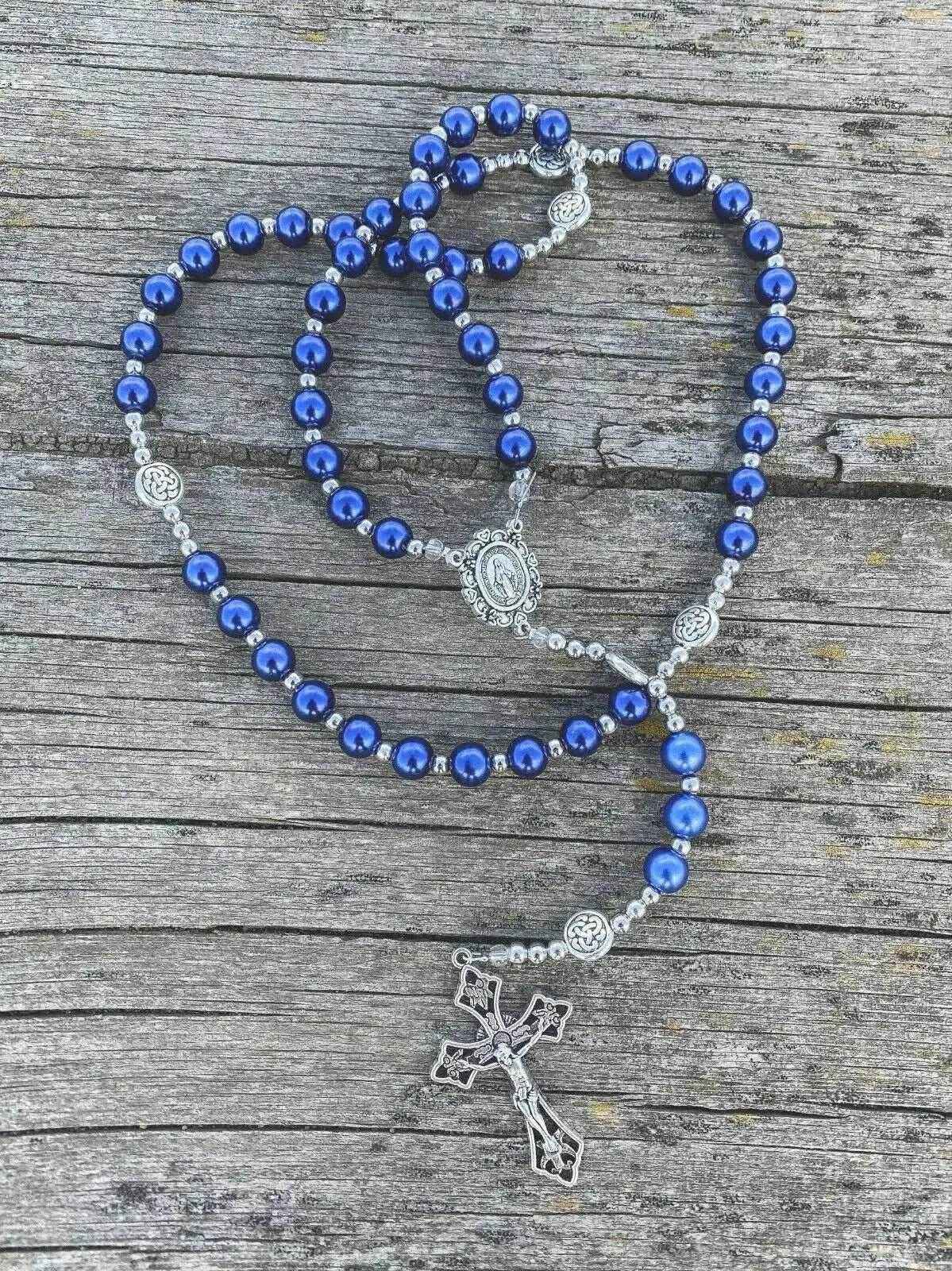 Blue Pearl Beads Wired Rosary Necklace Miraculous Medal & Cross Crucifix