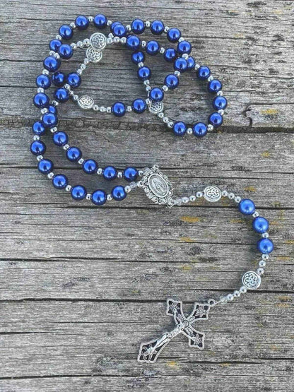 Blue Pearl Beads Wired Rosary Necklace Miraculous Medal & Cross Crucifix