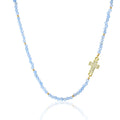 Blue Quartz Beads Cross Necklace Gemstones Faith Choker 15