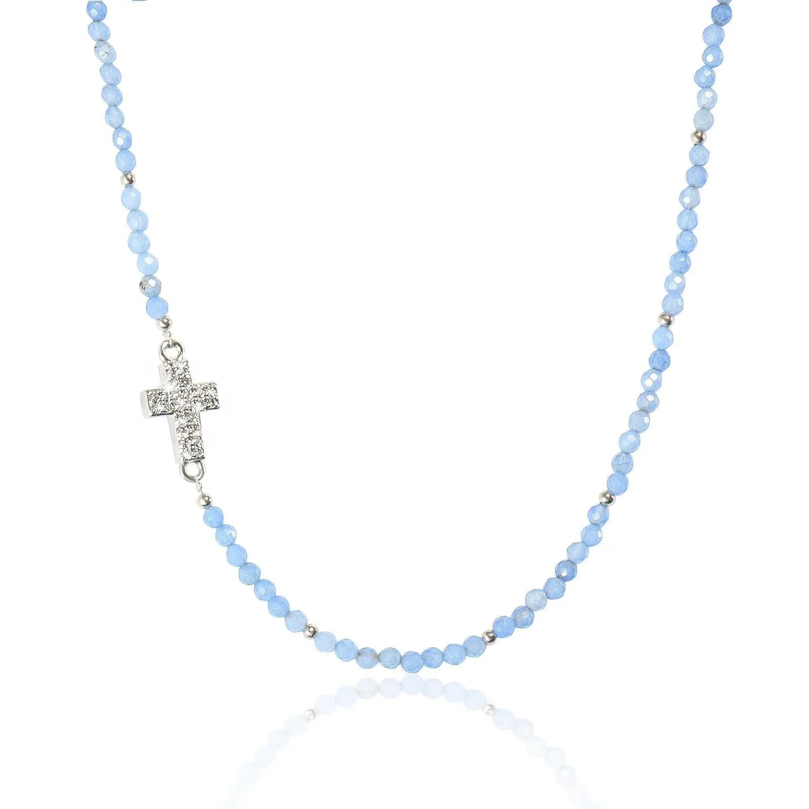 Blue Quartz Beads Cross Necklace Gemstones Faith Choker 15"