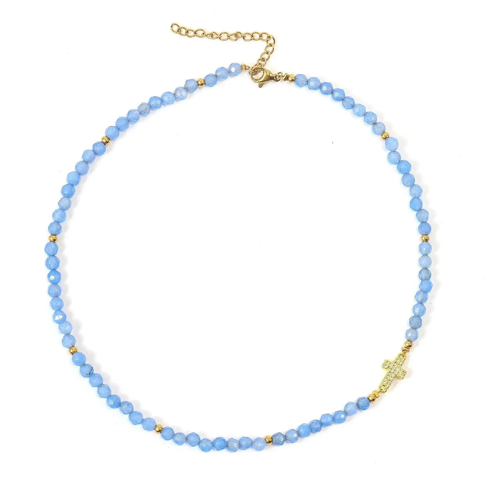 Blue Quartz Beads Cross Necklace Gemstones Faith Choker 15"