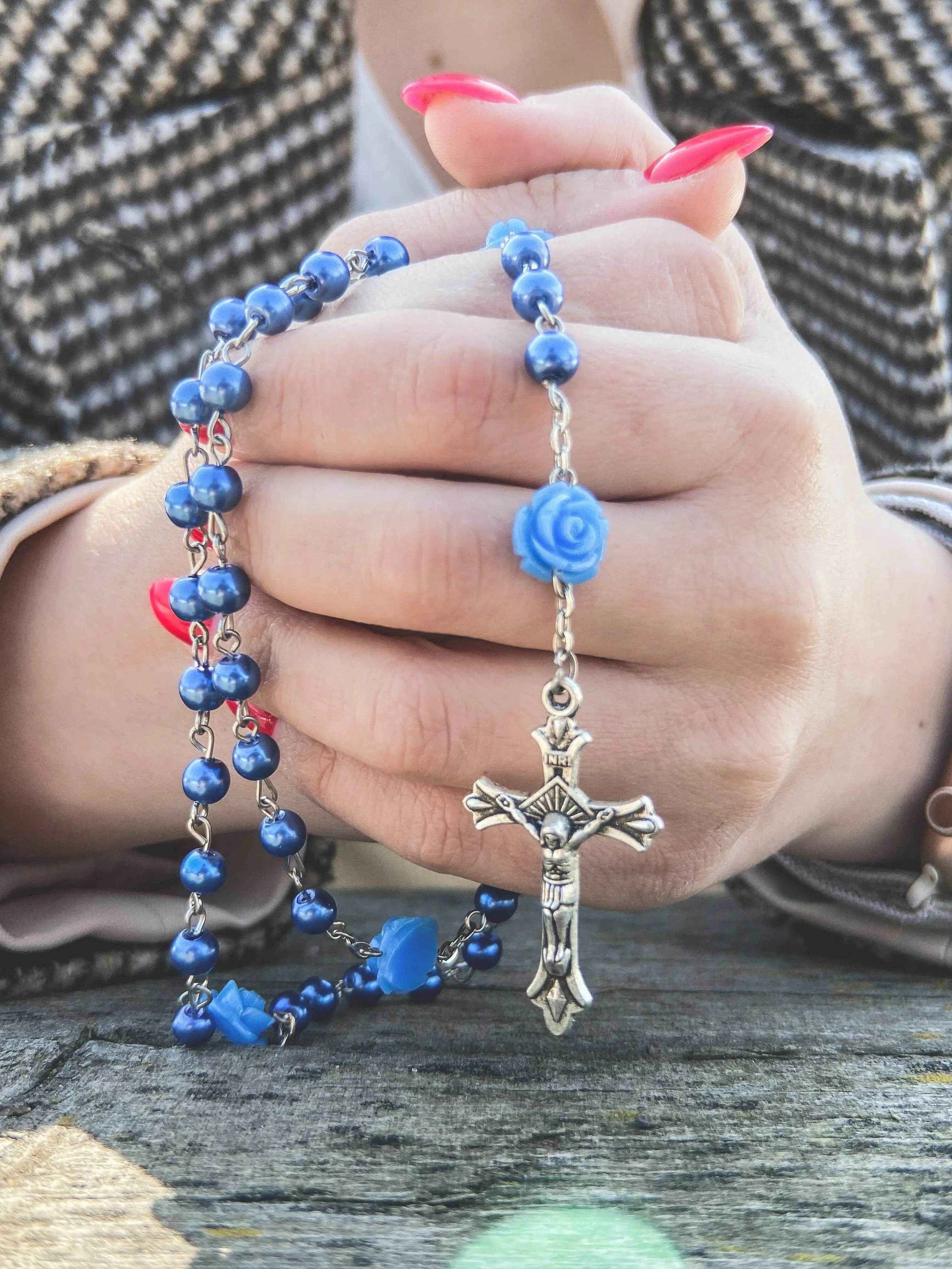 Blue Rosary Pearl Beads Necklace Rose Lourdes Medal & Cross Crucifix