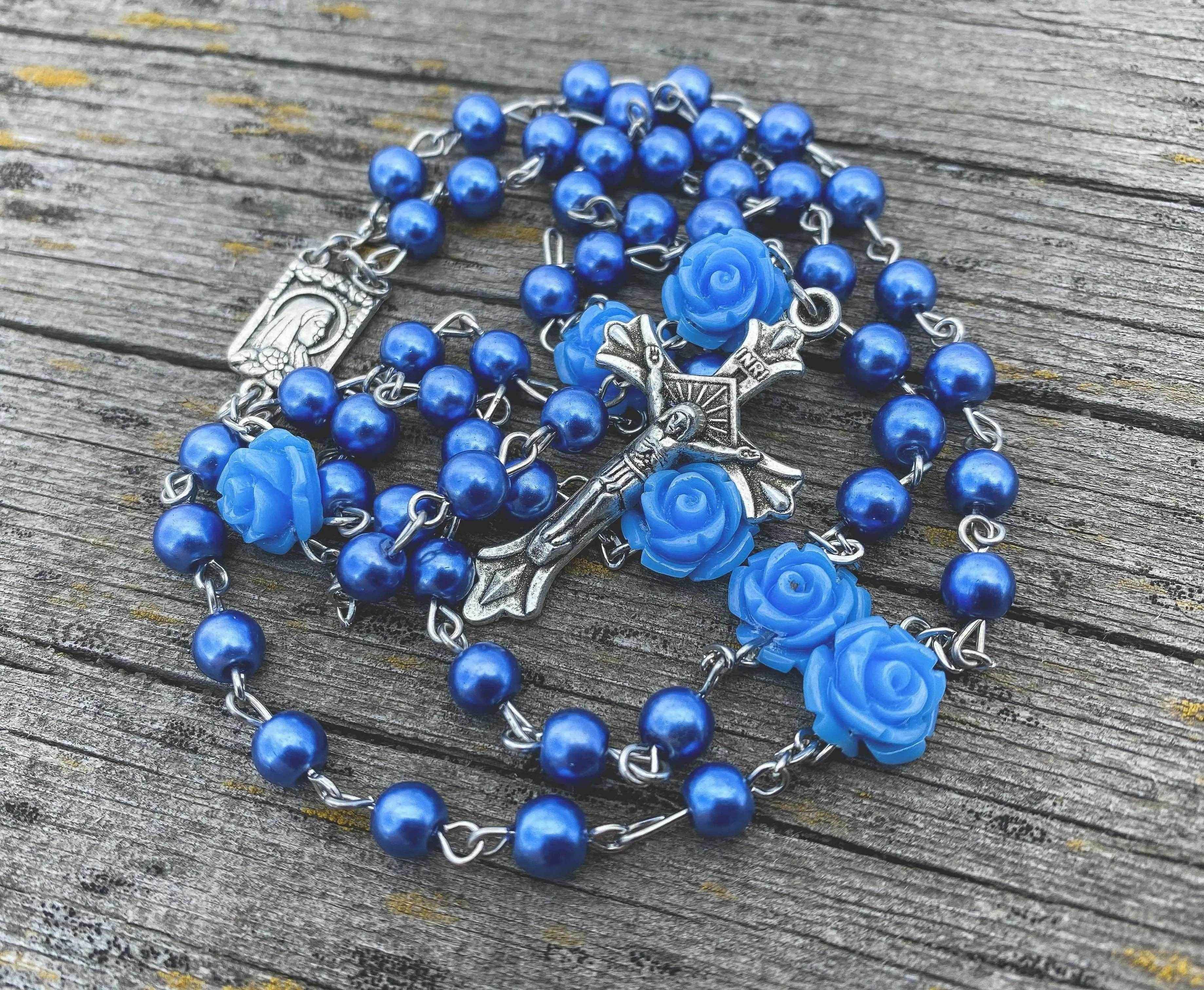 Blue Rosary Pearl Beads Necklace Rose Lourdes Medal & Cross Crucifix