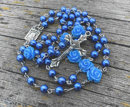 Blue Rosary Pearl Beads Necklace Rose Lourdes Medal & Cross Crucifix