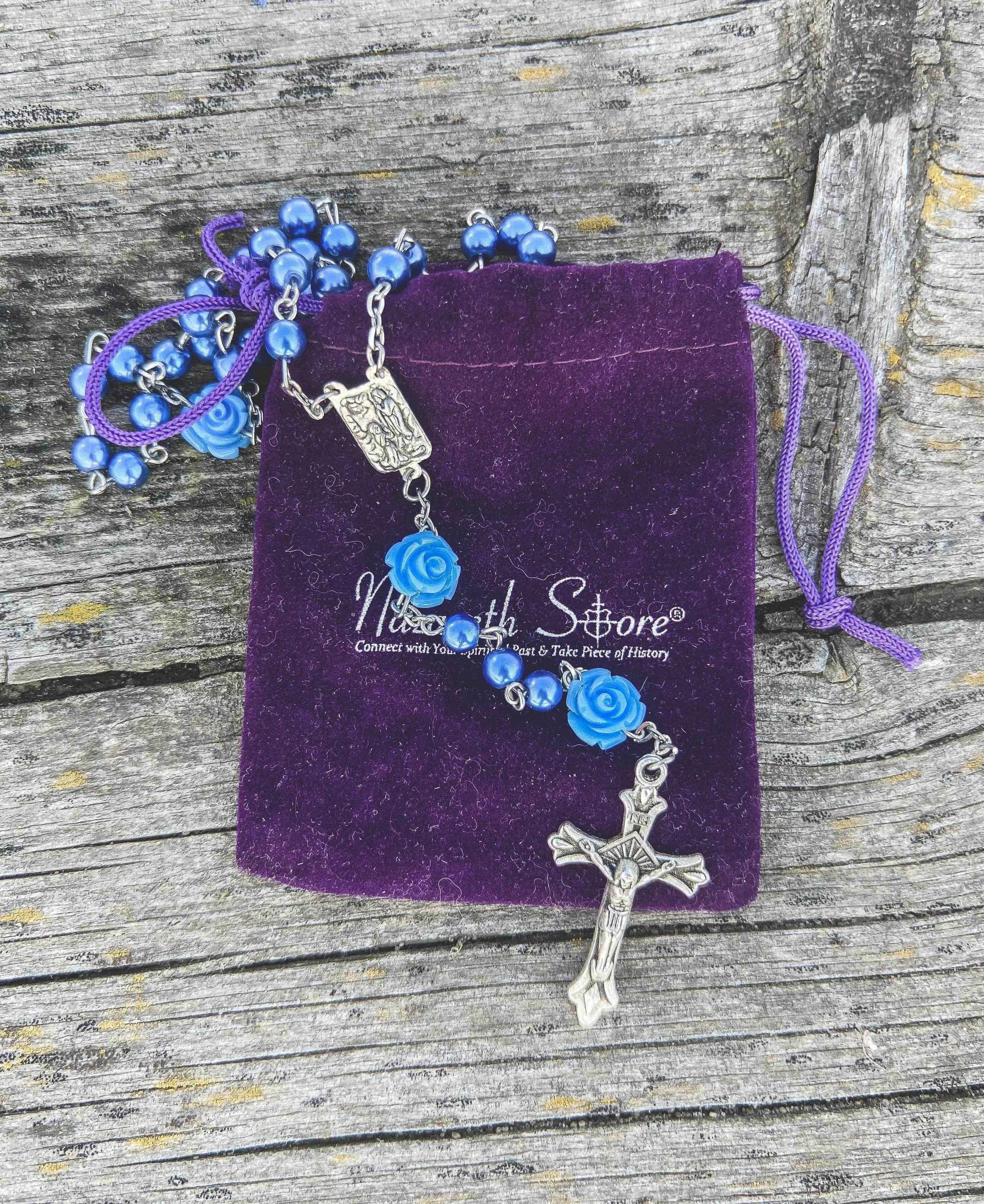 Blue Rosary Pearl Beads Necklace Rose Lourdes Medal & Cross Crucifix