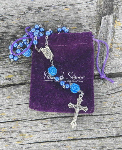 Blue Rosary Pearl Beads Necklace Rose Lourdes Medal & Cross Crucifix