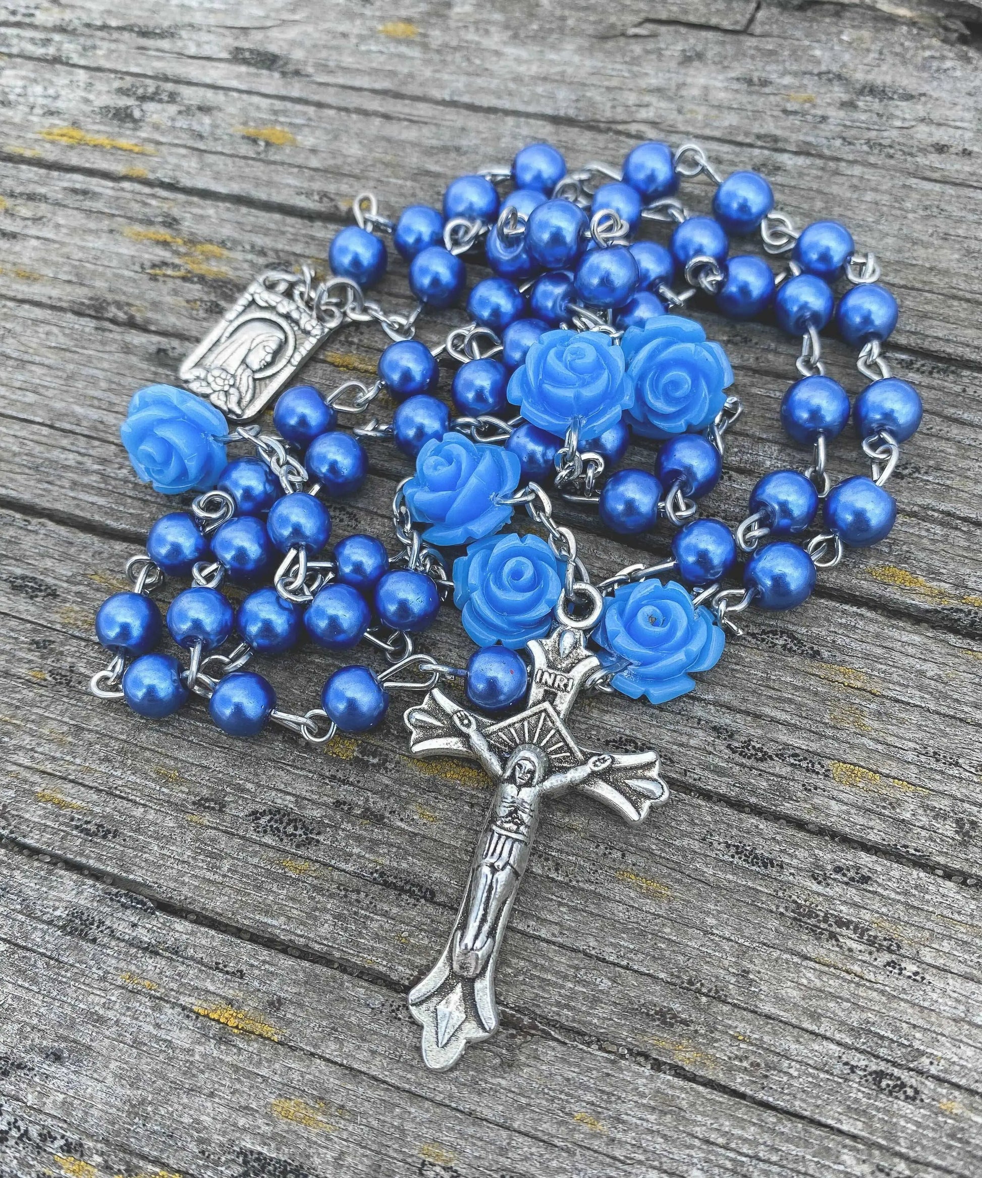 Blue Rosary Pearl Beads Necklace Our Rose Lourdes Medal & Cross Crucifix 