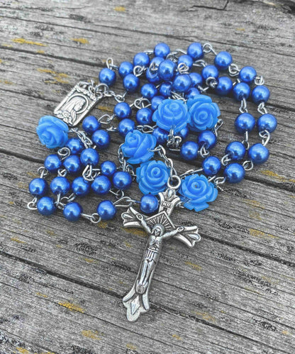 Blue Rosary Pearl Beads Necklace Rose Lourdes Medal & Cross Crucifix