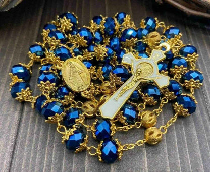 Deep Blue Crystal Rosary Necklace with Miraculous Medal & St. Benedict Crucifix - Nazareth Store