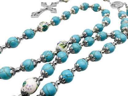 Turquoise Marble Rosary Necklace with Floral Beads, Miraculous Medal & Cross Crucifix  - Nazareth Store