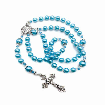 Turquoise Pearl Beads Rosary Necklace with Miraculous Medal  & Cross Crucifix - Nazareth Store