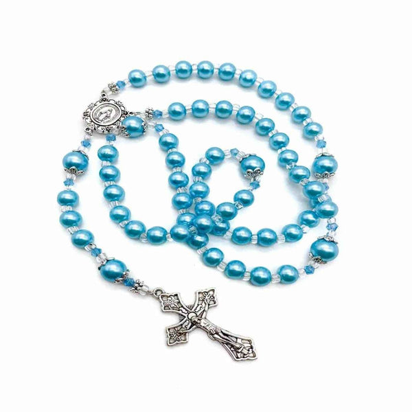Turquoise Pearl Beads Rosary Necklace with Miraculous Medal  & Cross Crucifix - Nazareth Store