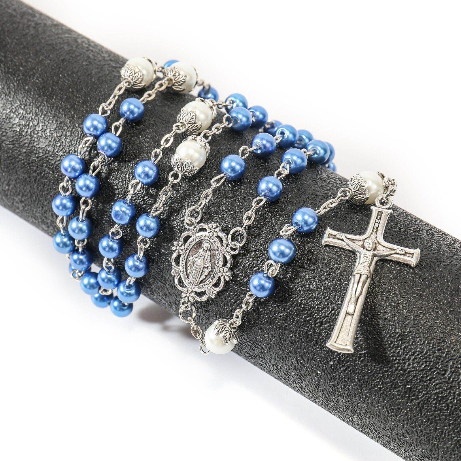 Blue Pearl Rosary Beads White Beaded Necklace Lourdes Medal & Cross - Nazareth Store