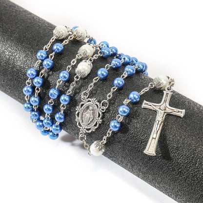 Blue Pearl Rosary Beads White Beaded Necklace Lourdes Medal & Cross - Nazareth Store