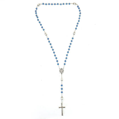 Blue Pearl Rosary Beads White Beaded Necklace Lourdes Medal & Cross - Nazareth Store