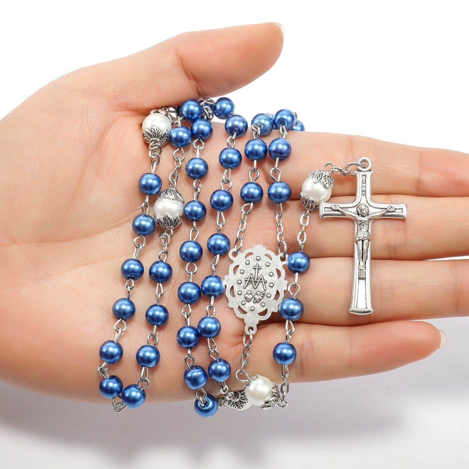 Blue Pearl Rosary Beads White Beaded Necklace Lourdes Medal & Cross - Nazareth Store