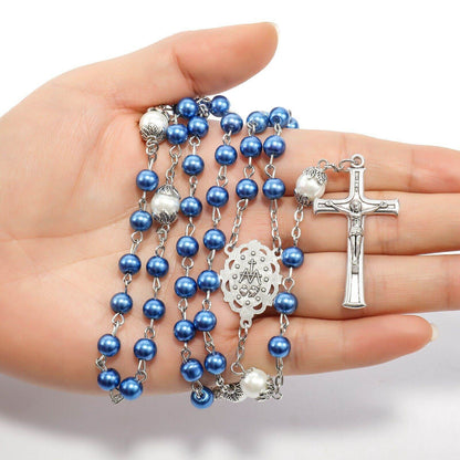 Blue Pearl Rosary Beads White Beaded Necklace Lourdes Medal & Cross - Nazareth Store