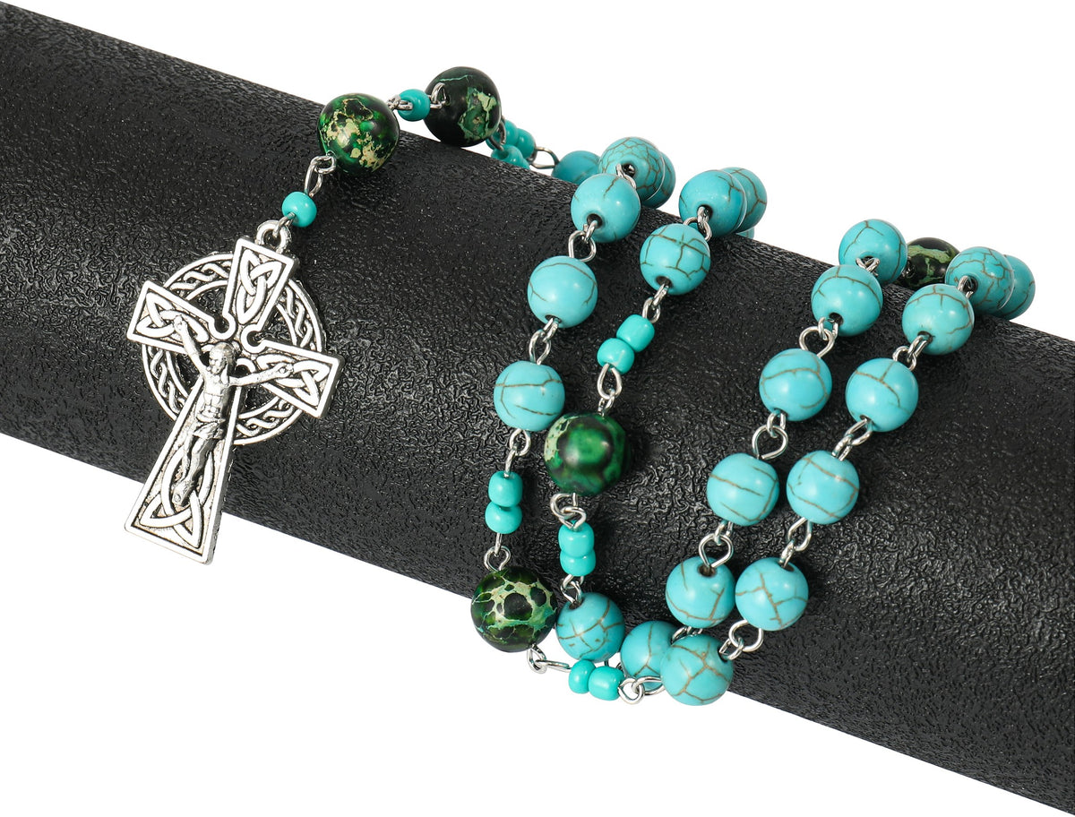 Turquoise Gemstone Beads Rosary Metal Beaded Prayer Rosary Celtic Cross Crucifix - Nazareth Store